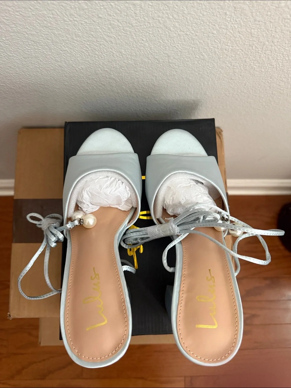 Lulu's Baby Blue Satin Platform Heeled Sandal with Pearl Accent